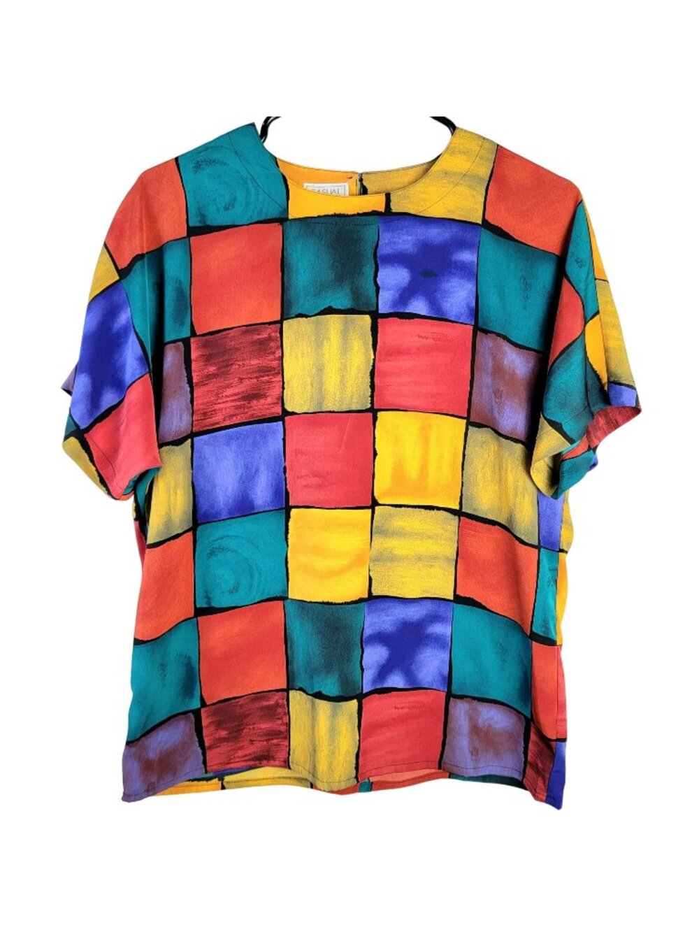 Vintage 80s Colorful Patchwork Blouse Women Small Top Shirt Short Sleeve Summer